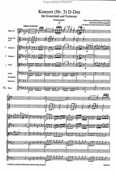 Konzert (Nr. 3) D-Dur fur Kontrabass und Orchester / Partitur