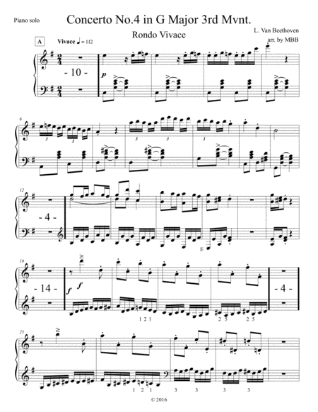 Concertos for Five Beethoven Piano Concerto in G, arr. for String Quartet, 3rd mvnt. Piano Solo part image number null