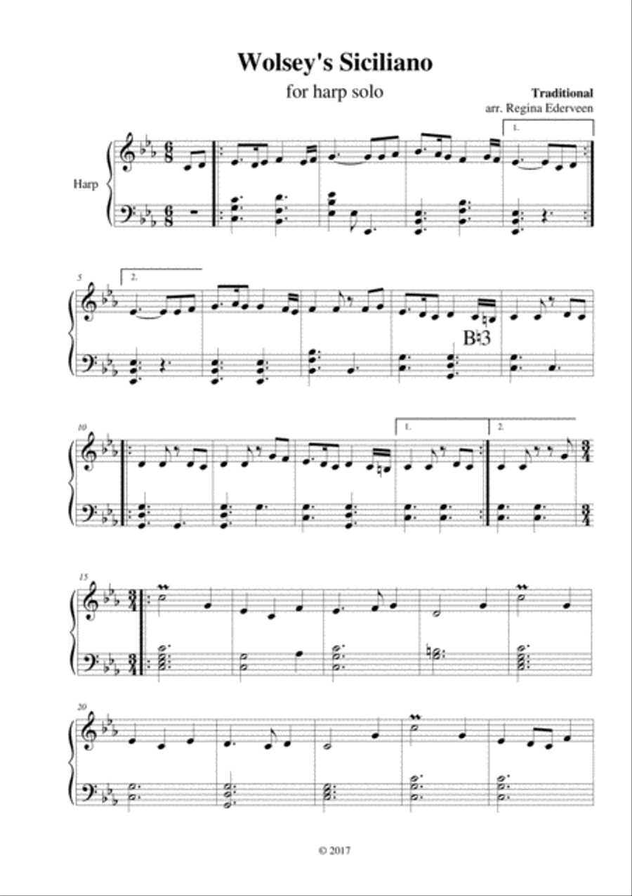 Wolsey's Siciliano - lever harp solo Celtic Harp scores gallery preview page 1