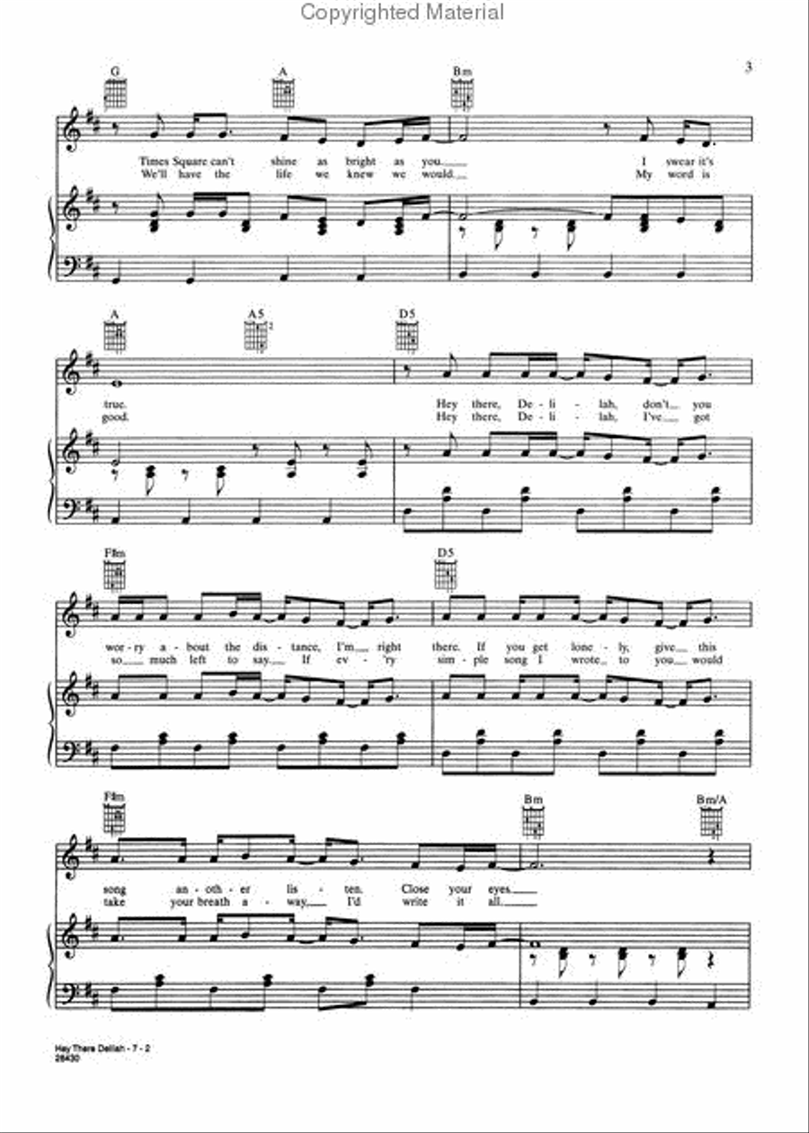 Hey There Delilah Piano, Vocal, Guitar scores gallery preview page 3