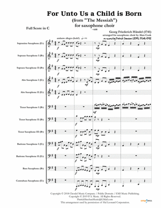 For Unto Us a Child is Born (from "Messiah") (for saxophone choir) (full score & set of parts)