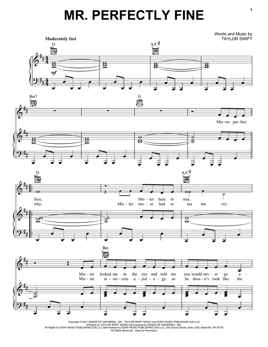 Mr. Perfectly Fine (Taylor's Version) (From The Vault) Piano, Vocal, Guitar scores gallery preview page 1