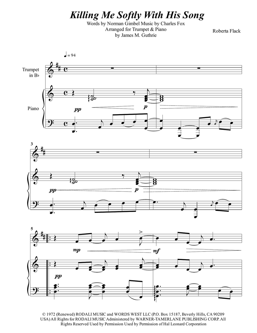 Killing Me Softly With His Song B-Flat Trumpet scores gallery preview page 1
