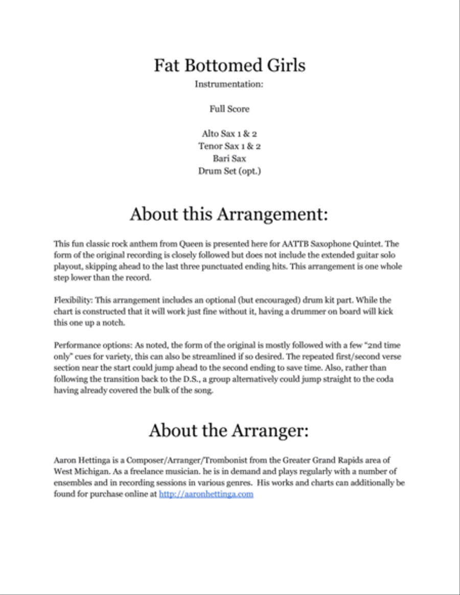 Fat Bottomed Girls Saxophone Quintet scores gallery preview page 2