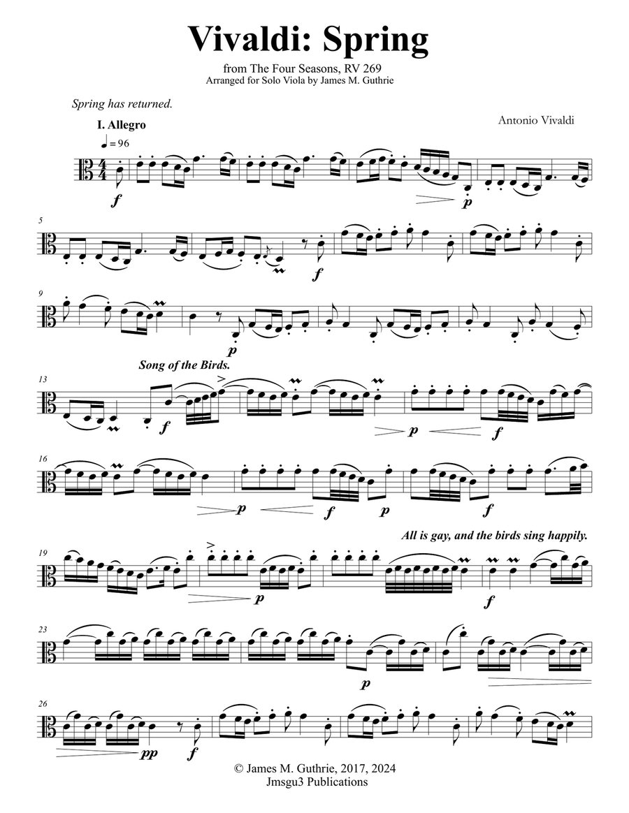 Vivaldi - The Four Seasons: Spring for Solo Viola Viola Solo scores gallery preview page 1