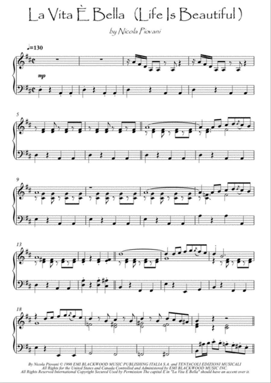 Life Is Beautiful (la Vita E Bella) by Nicola Piovani Piano Solo - Digital Sheet Music