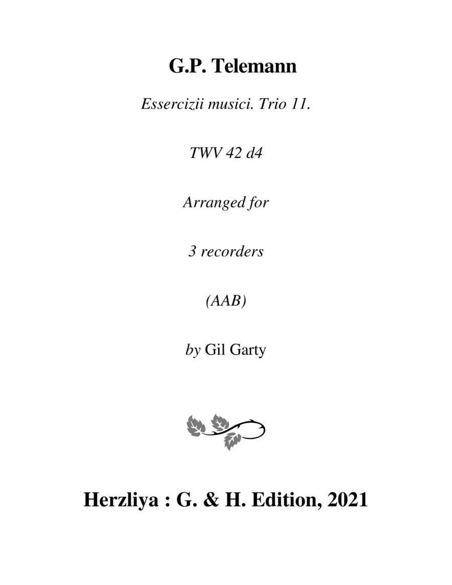 Trio sonata TWV 42:d4 (Essercizii musici, trio no.11) (arrangement for 3 recorders) Recorder scores gallery preview page 1