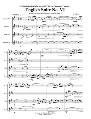 Book cover for Bach: English Suite No. 6, BWV 811, for Saxophone Quartet - Score Only