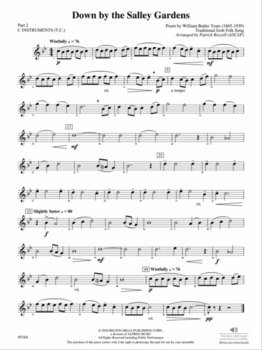 Down by the Salley Gardens: Part 2 - C Instruments (T.C.) Concert Band scores gallery preview page 1