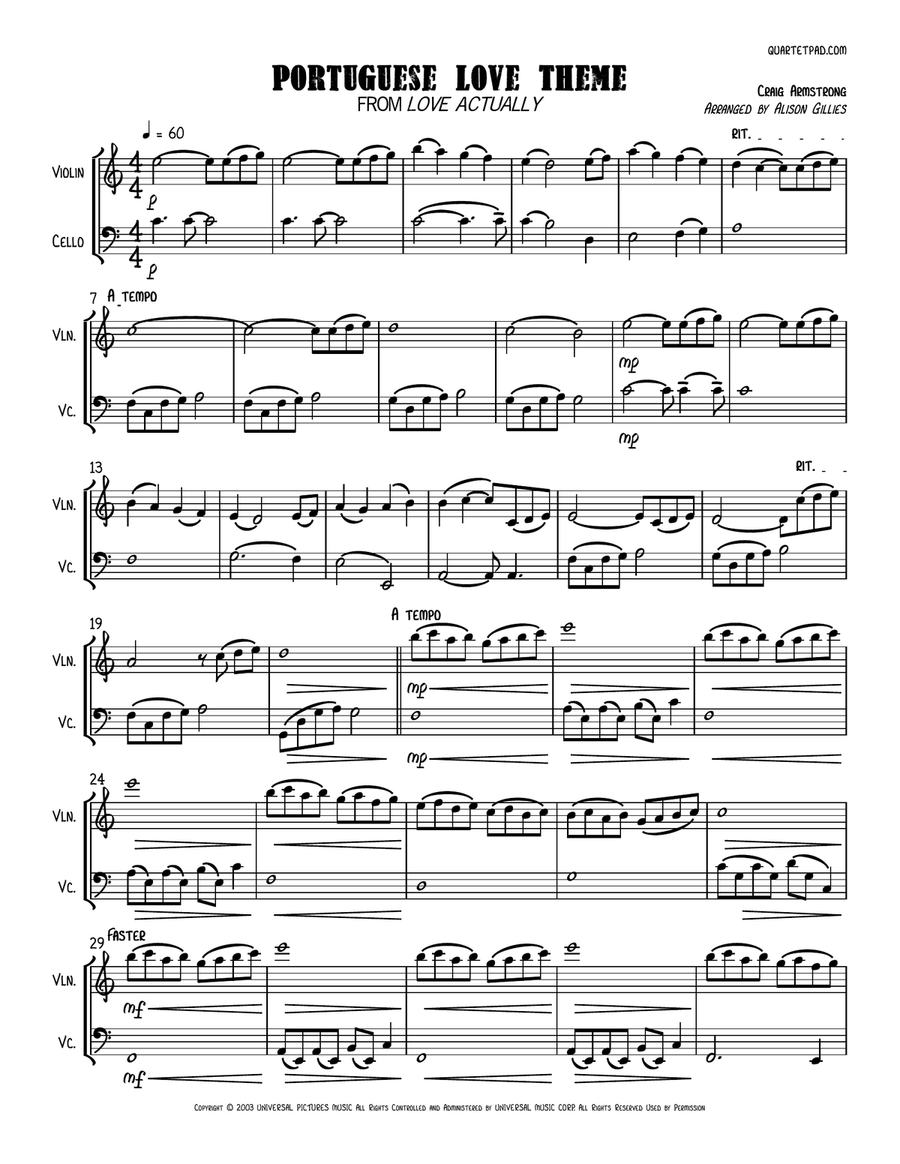 Portuguese Love Theme Portuguese Love Theme String Duet scores gallery preview page 1