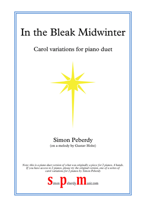 Book cover for In the Bleak Mid Winter, fun carol variations for piano duet by Simon Peberdy (on a melody by Holst)