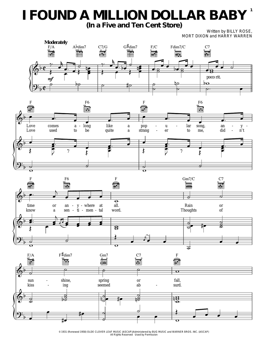 I Found A Million Dollar Baby (In A Five And Ten Cent Store) Piano, Vocal, Guitar scores gallery preview page 1