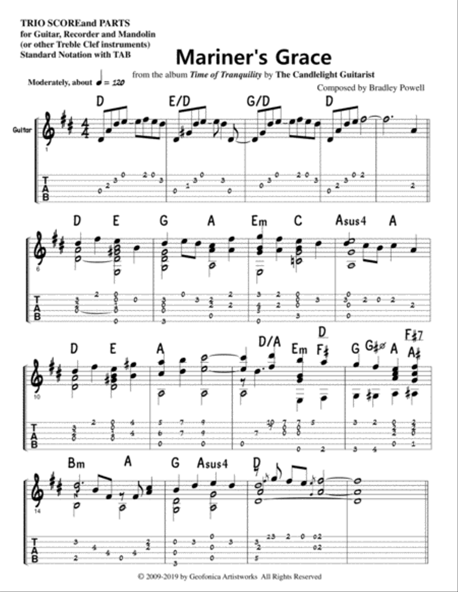 Mariner's Grace - Trio for Guitar, Recorder, and Mandolin (or flute) - SCORE with PARTS