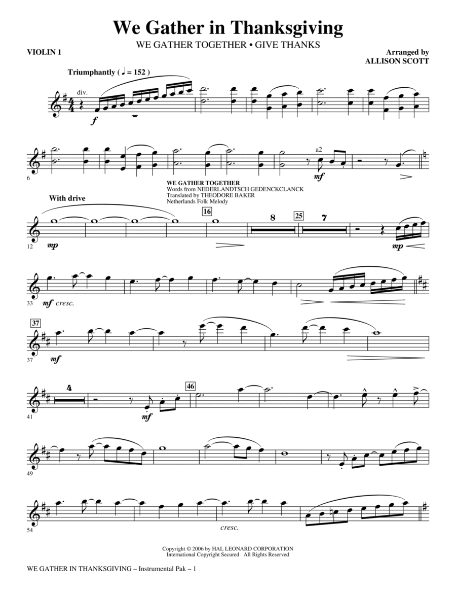 We Gather in Thanksgiving - Violin 1 Choir scores gallery preview page 1