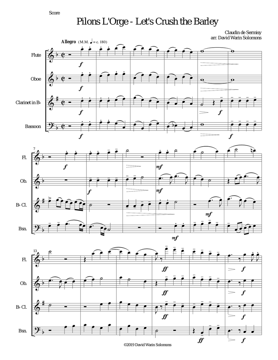 Pilons l'orge (Let's crush the barley) arranged for wind quartet Woodwind Quartet scores gallery preview page 1