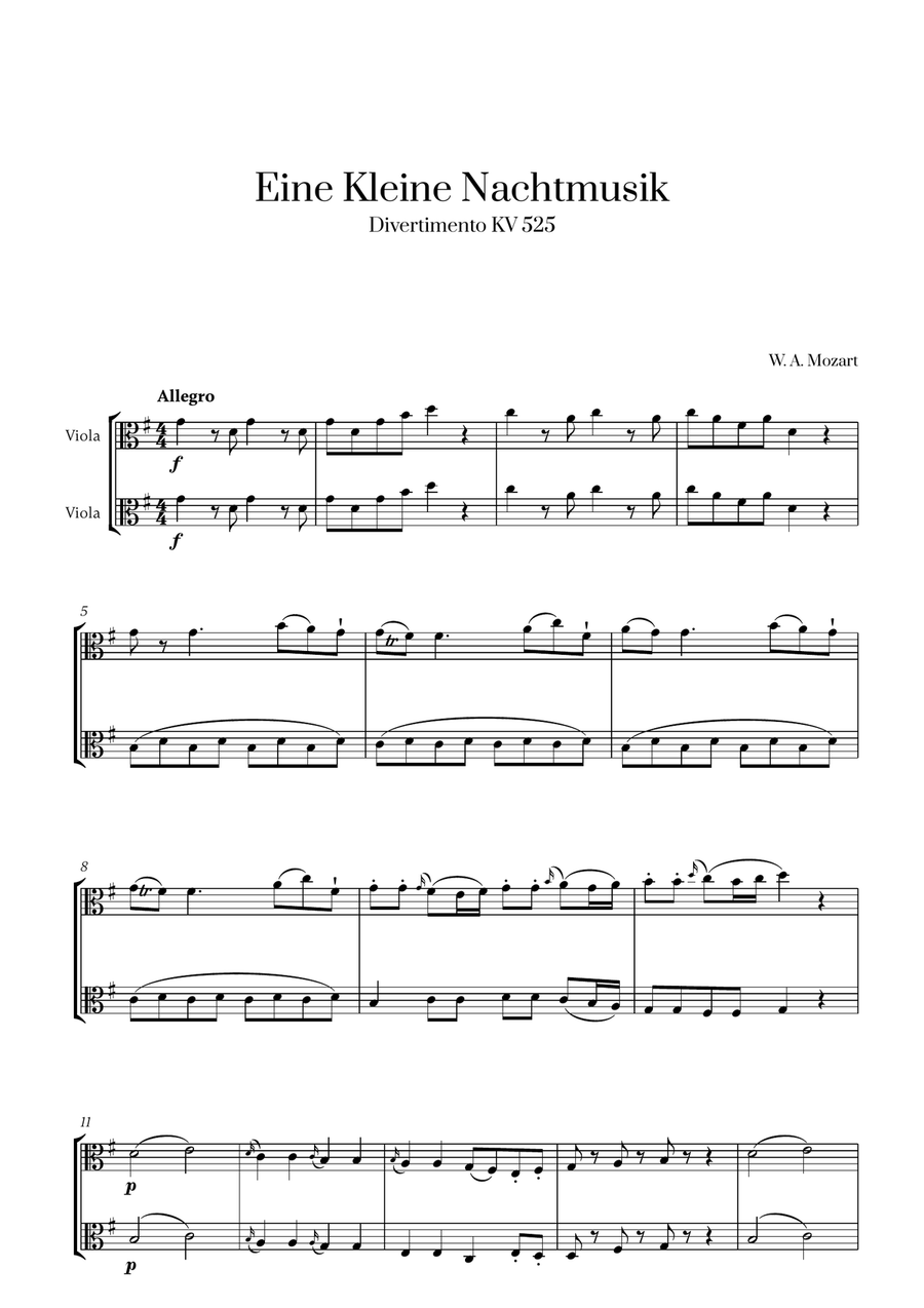 W. A. Mozart - Eine Kleine Nachtmusik (for Viola Duet) String Duet scores gallery preview page 1