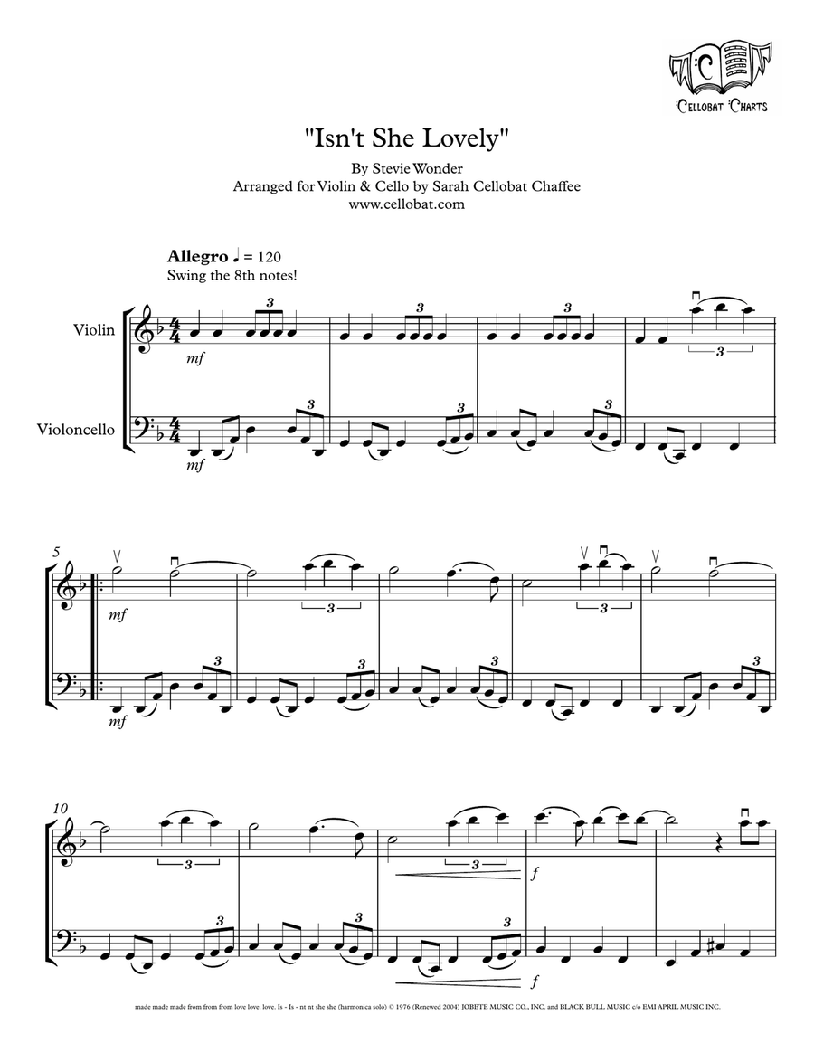 Isn't She Lovely by Stevie Wonder String Duet - Digital Sheet Music