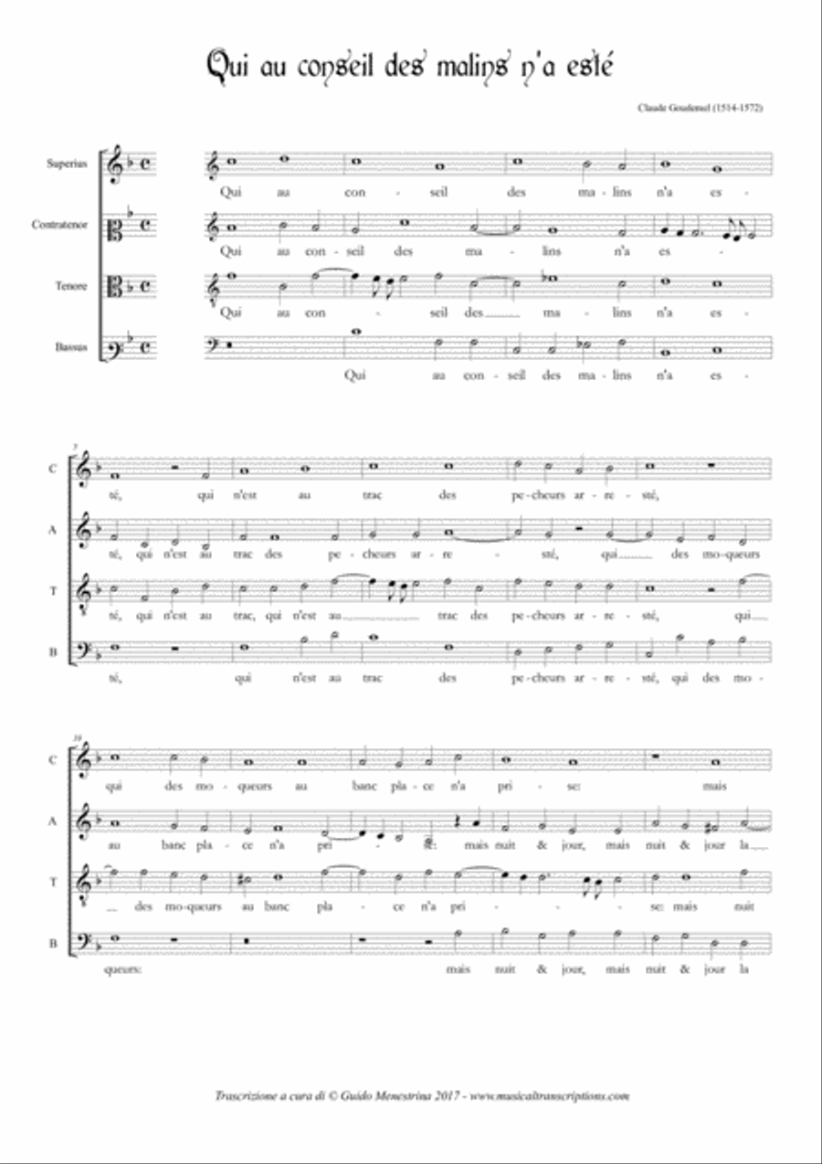 Claude Goudimel - Psaume 1 Qui au conseil des malins (1564) by Claude Goudimel 4-Part - Digital Sheet Music