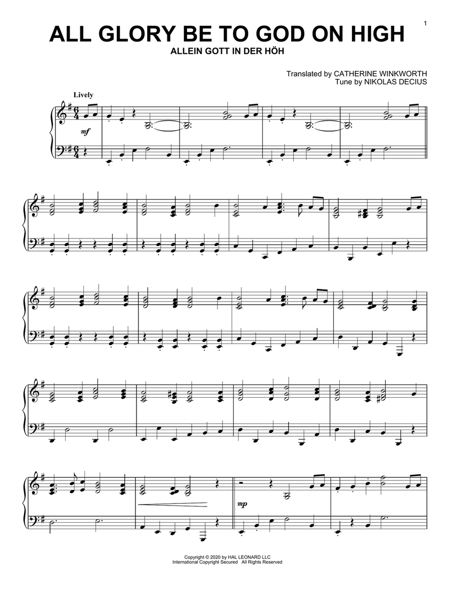 All Glory Be To God On High Piano Solo scores gallery preview page 1