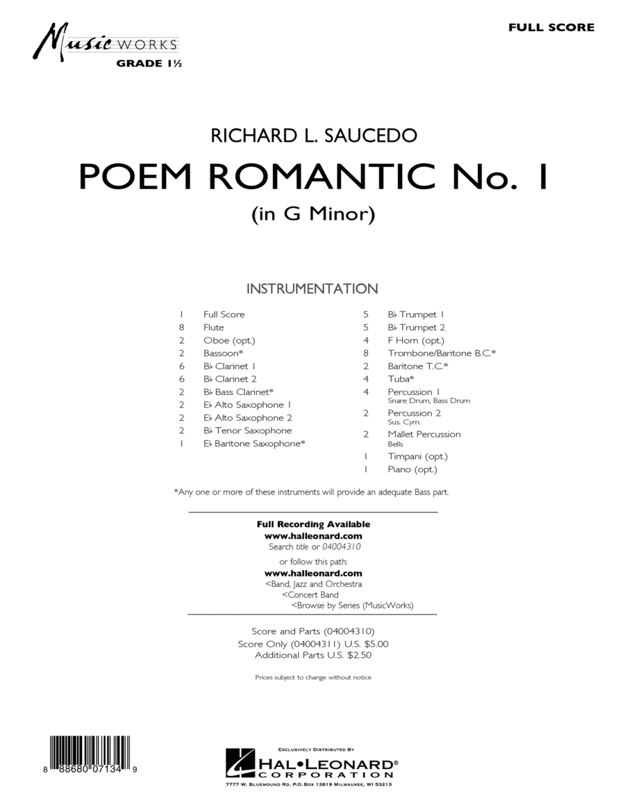 Poem Romantic No. 1 (in G Minor) - Conductor Score (Full Score) Concert Band scores gallery preview page 1
