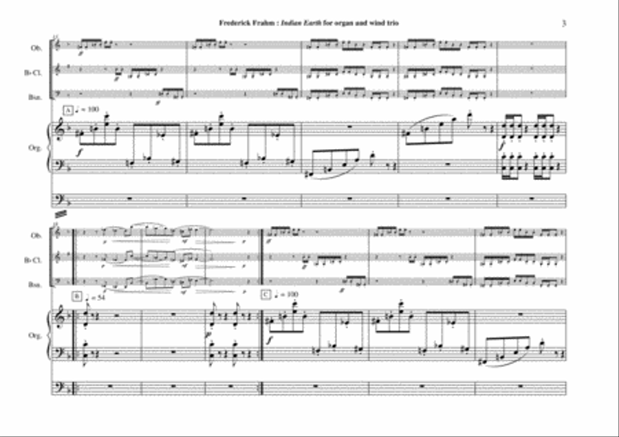 Frederick Frahm: Indian Earth for oboe (flute), Bb clarinet, bassoon and organ Small Ensemble scores gallery preview page 3