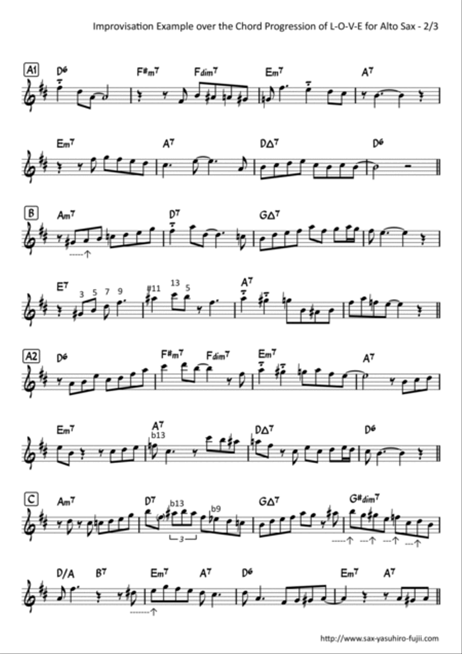 Improvisation Example over the Chord Progression of L-O-V-E Alto Sax Alto Saxophone scores gallery preview page 2
