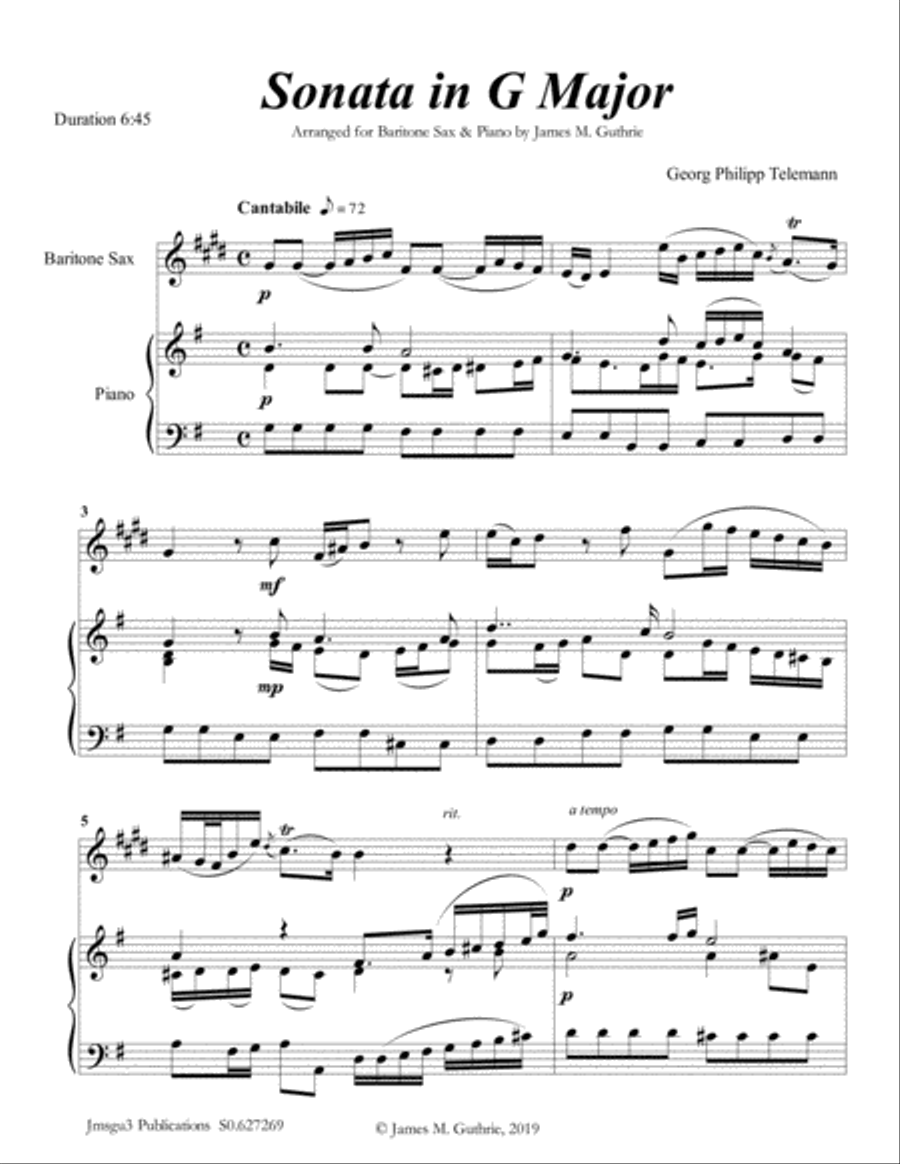 Telemann: Four Sonatas for Baritone Sax & Piano Baritone Saxophone scores gallery preview page 1