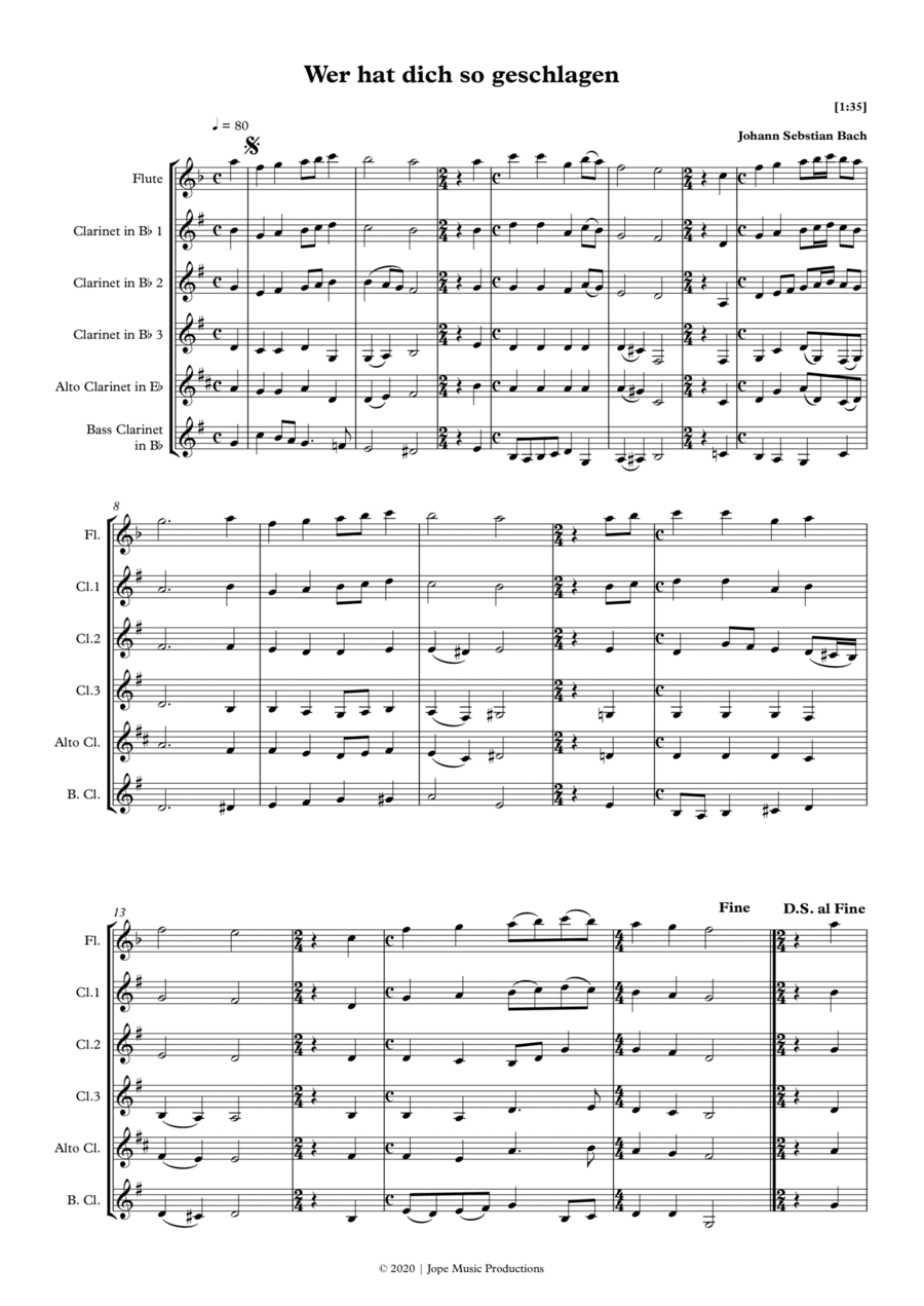 Wer hat dich so geschlagen - J.S. Bach Woodwind Quartet scores gallery preview page 1