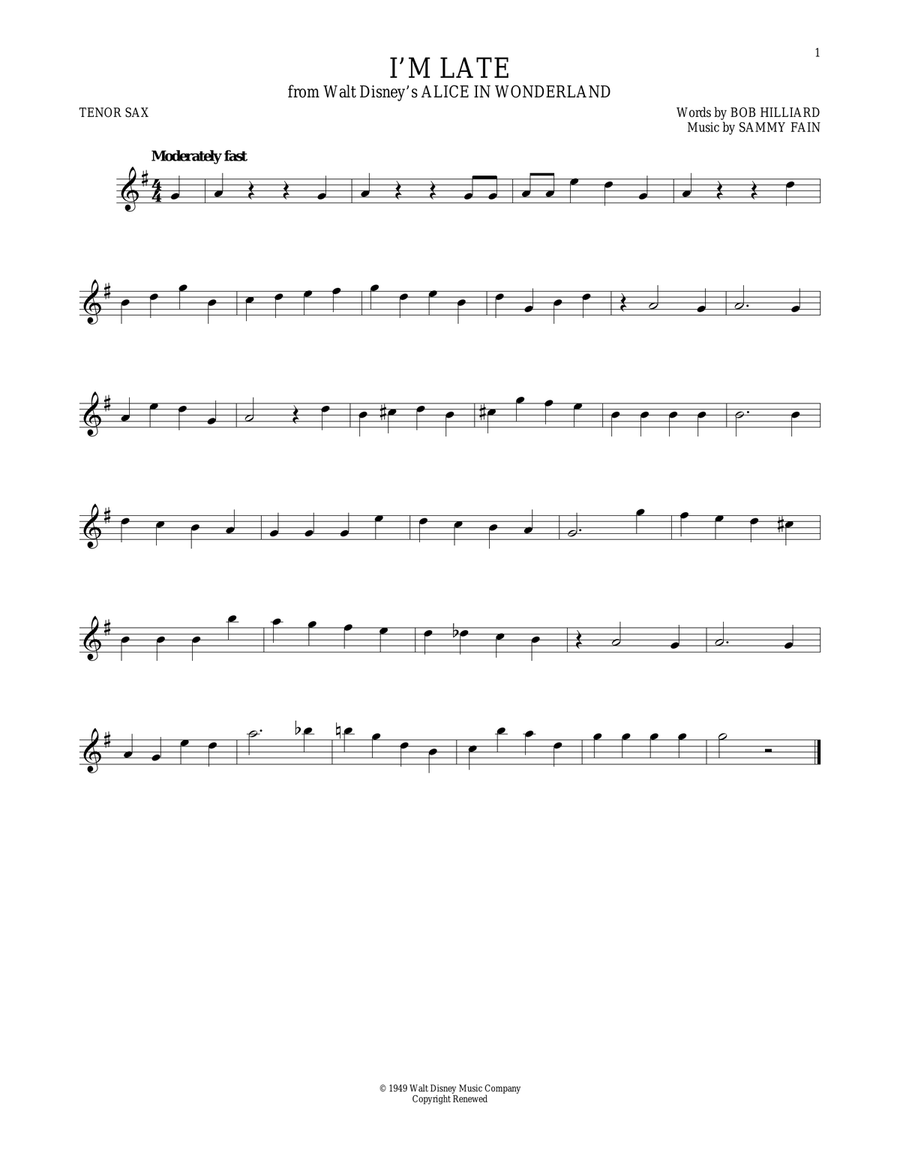 I'm Late (from Alice In Wonderland) Tenor Saxophone scores gallery preview page 1