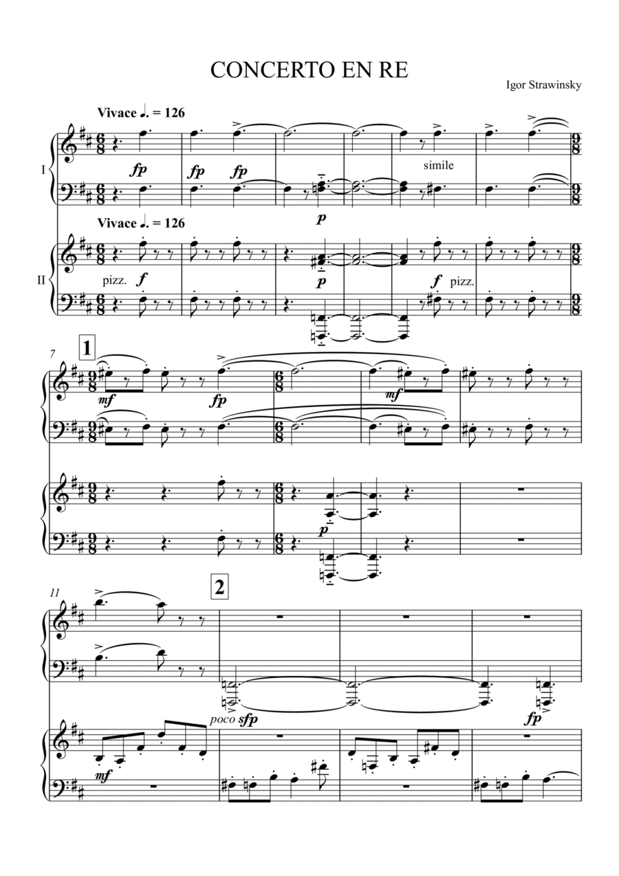 Igor Stravinsky - Concerto in D major, K075 (1st movement) 2 Pianos, 4-Hands scores gallery preview page 1