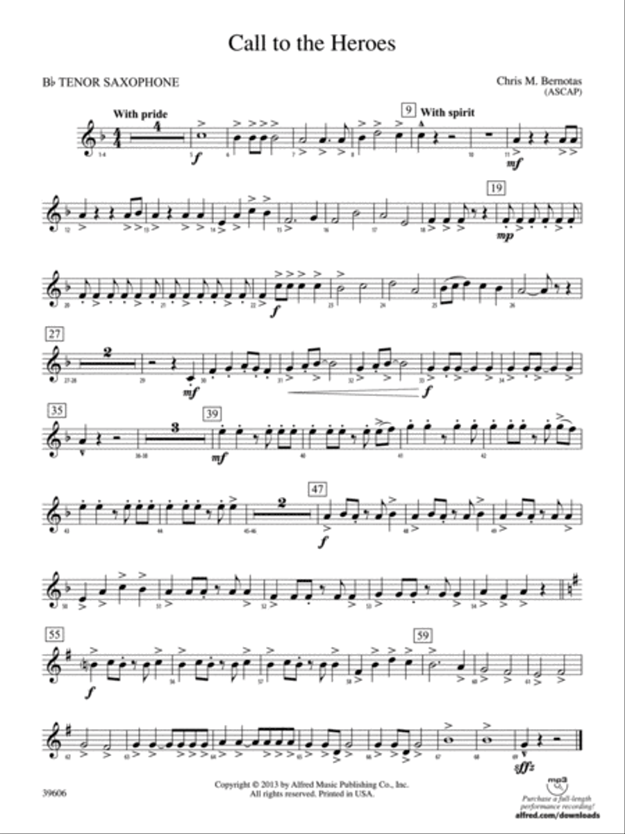 Call to the Heroes: B-flat Tenor Saxophone Concert Band scores gallery preview page 1