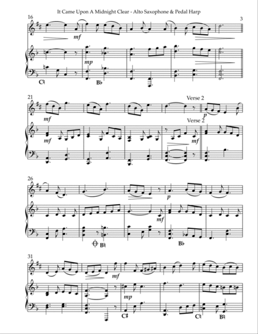 It Came Upon A Midnight Clear, Duet for Eb Alto Saxophone & Pedal Harp Alto Saxophone scores gallery preview page 3