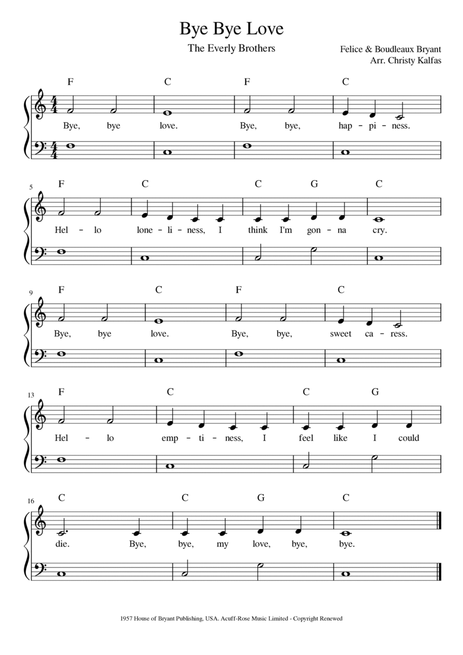Bye Bye Love Easy Piano scores gallery preview page 1