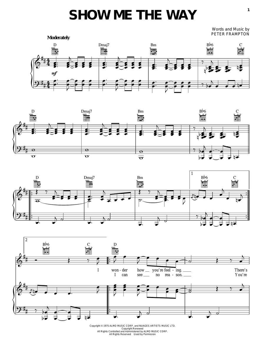 Show Me The Way Show Me The Way Piano, Vocal, Guitar scores gallery preview page 1