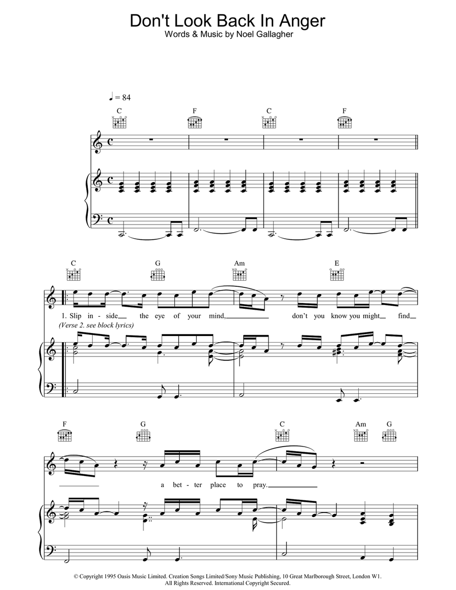 Don't Look Back In Anger Piano, Vocal, Guitar scores gallery preview page 1
