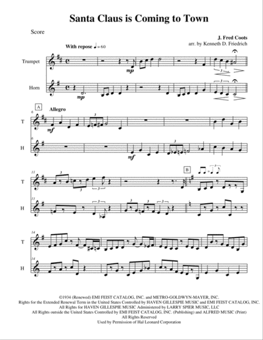 Santa Claus Is Comin' To Town Brass Duet scores gallery preview page 1