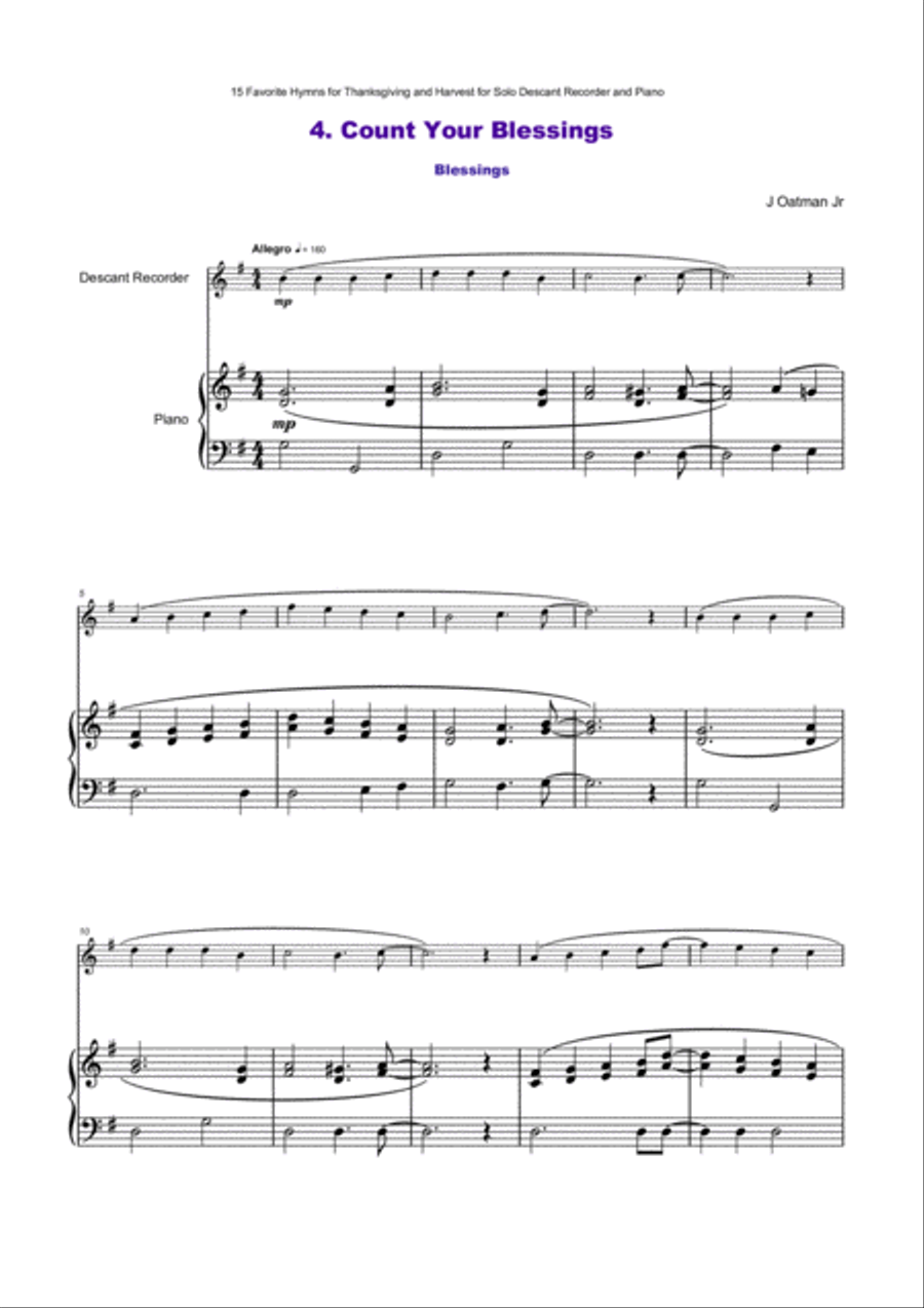 15 Favourite Hymns for Thanksgiving and Harvest for Descant Recorder and Piano Soprano Recorder scores gallery preview page 6