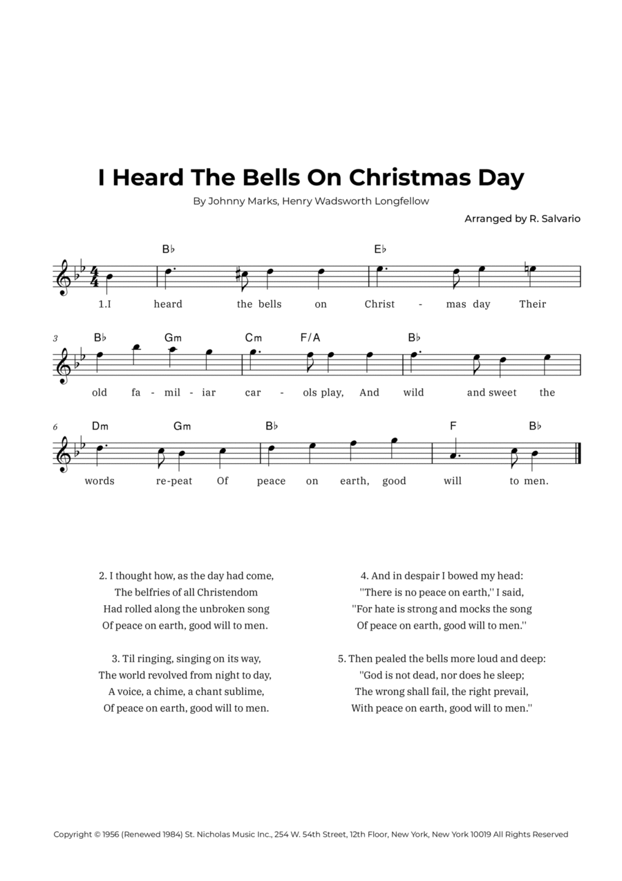 I Heard The Bells On Christmas Day (Key of B-Flat Major) Easy Piano scores gallery preview page 1