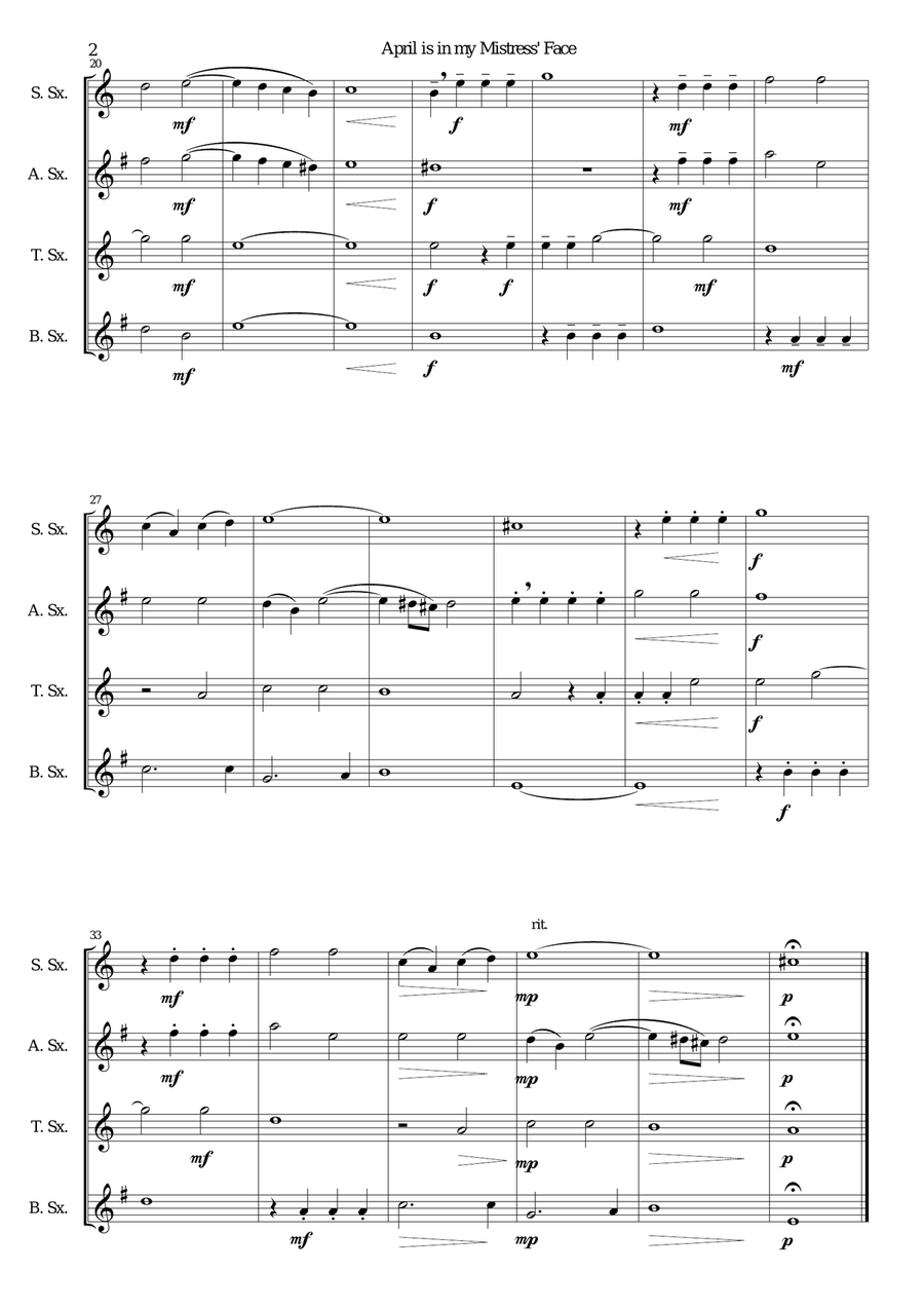 April is in my Mistress' Face for saxophone quartet by Thomas Morley Saxophone Quartet - Digital Sheet Music page 2