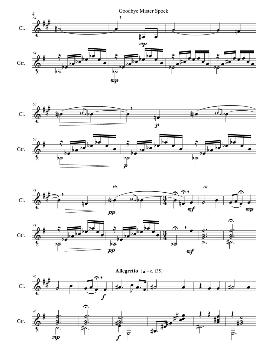 Goodbye Mister Spock for clarinet and guitar Clarinet scores gallery preview page 4