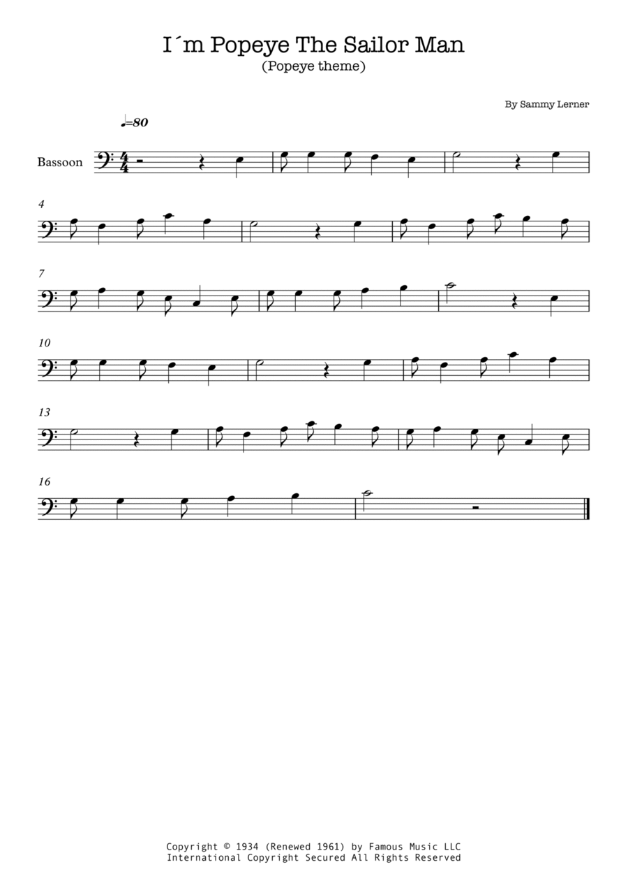 I'm Popeye The Sailor Man Bassoon Solo scores gallery preview page 1