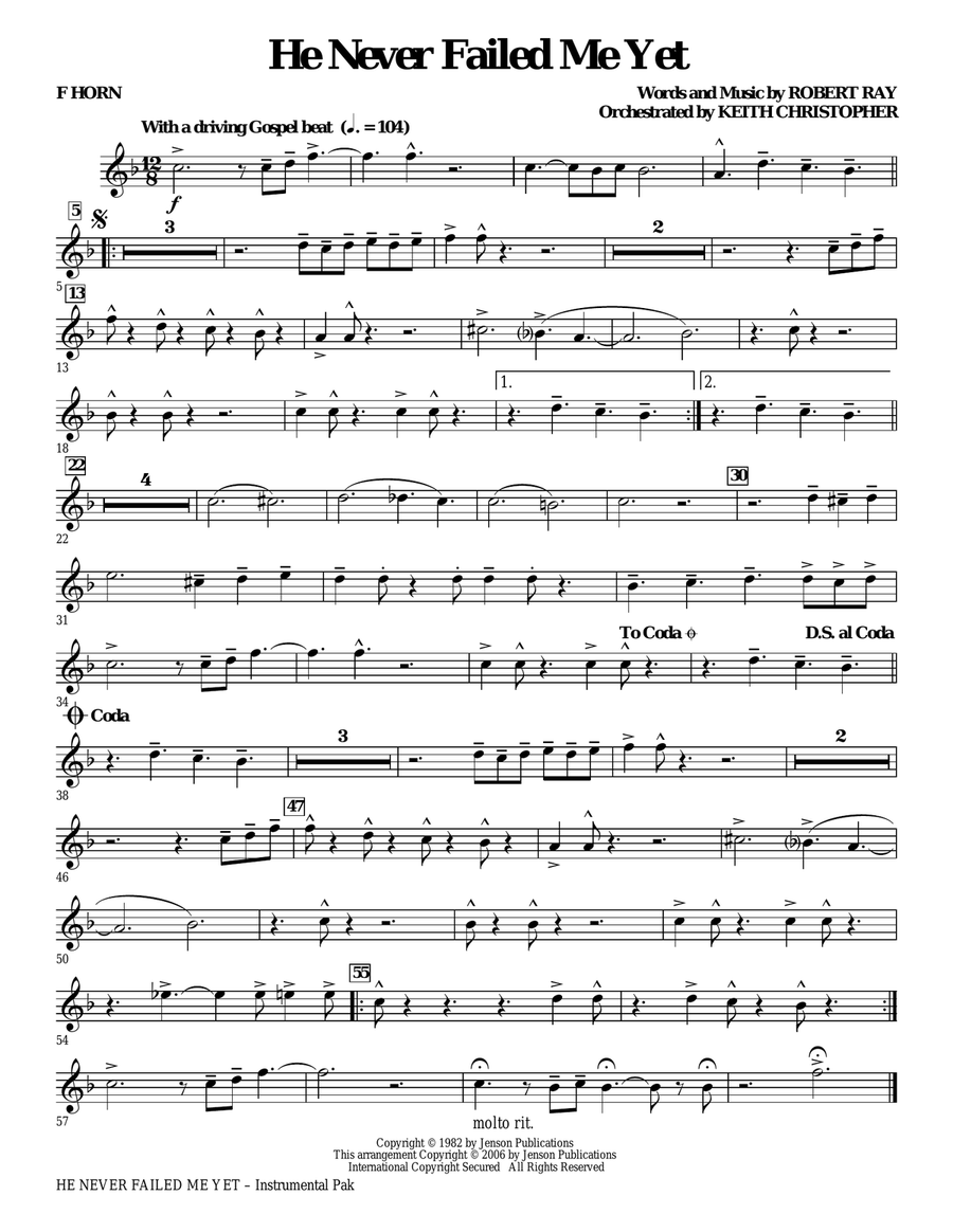 He Never Failed Me Yet (orch. Keith Christopher) - F Horn Choir scores gallery preview page 1