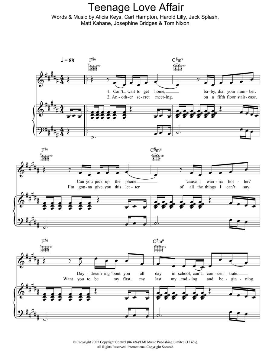 Teenage Love Affair Teenage Love Affair Piano, Vocal, Guitar scores gallery preview page 1