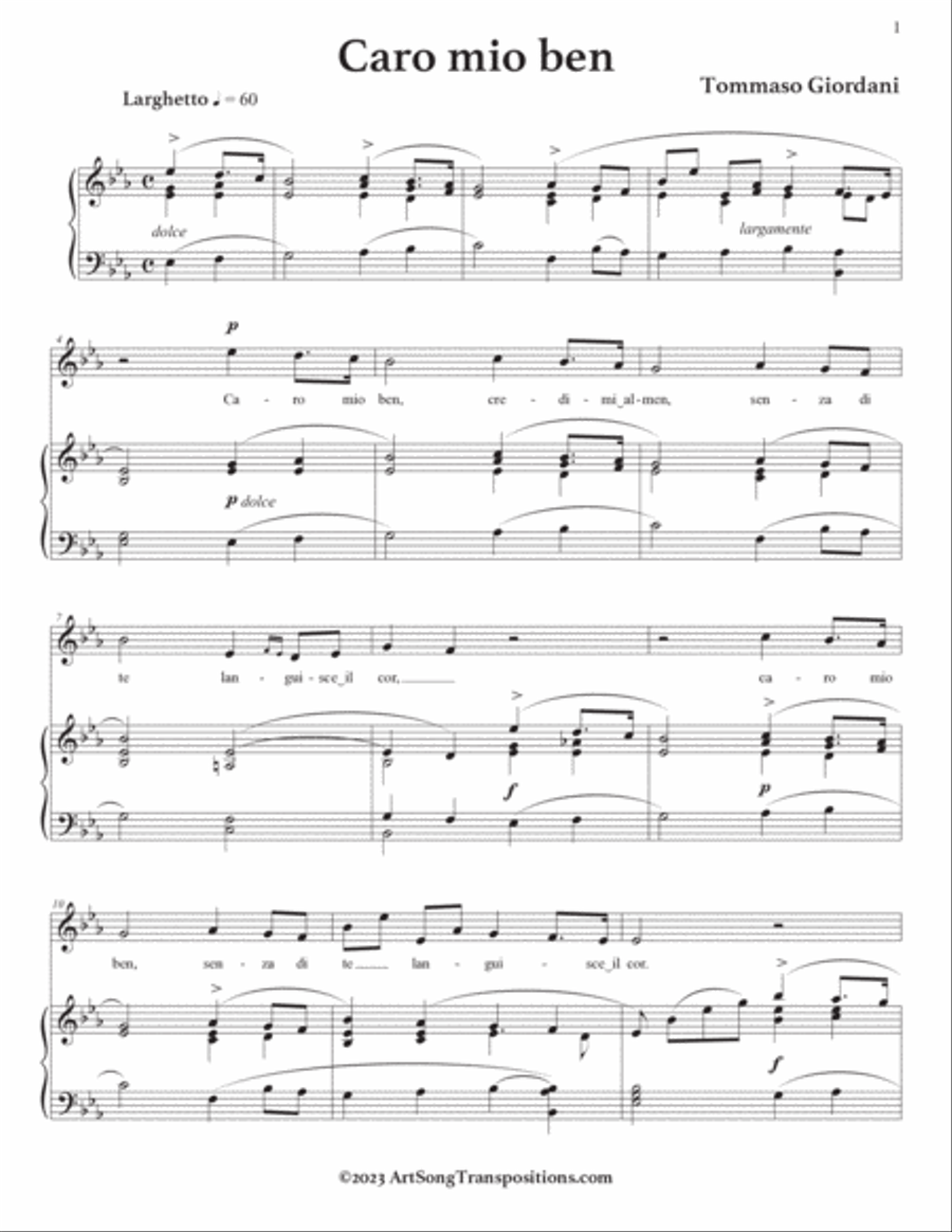 GIORDANI: Caro mio ben (transposed to E-flat major) Voice scores gallery preview page 2
