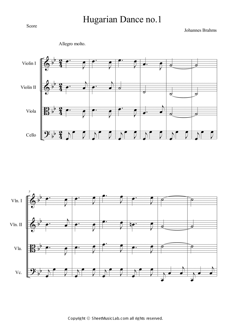 Hungarian Dances No.1 in G minor, Allegro molto String Quartet scores gallery preview page 1