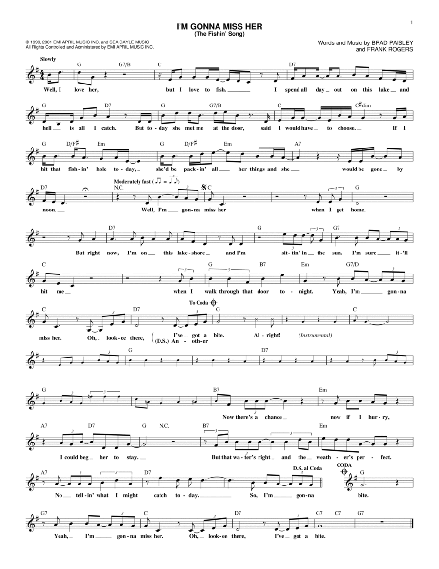 I'm Gonna Miss Her (The Fishin' Song) Piano scores gallery preview page 1