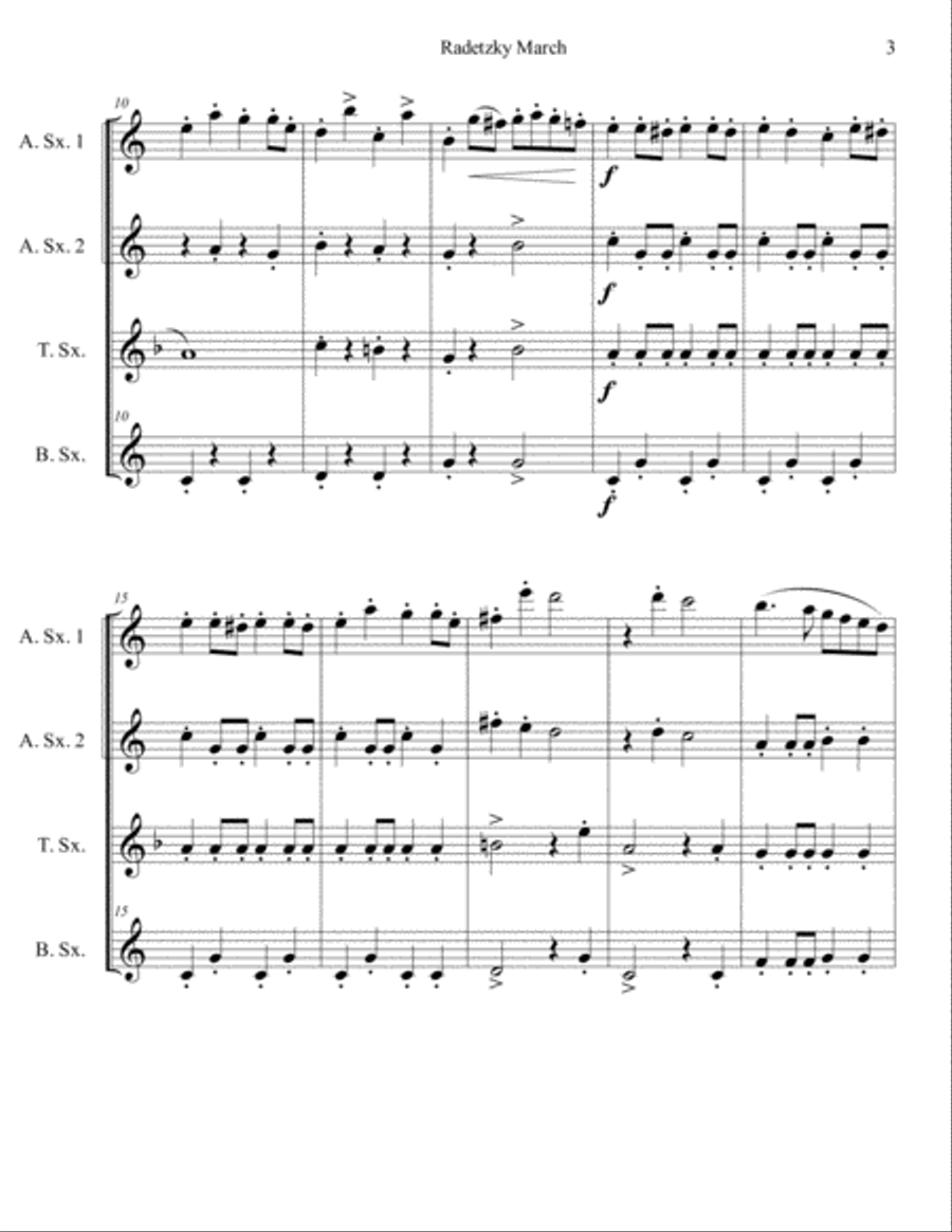 Radetzky March for Saxophone Quartet (SATB or AATB) Saxophone Quartet scores gallery preview page 3