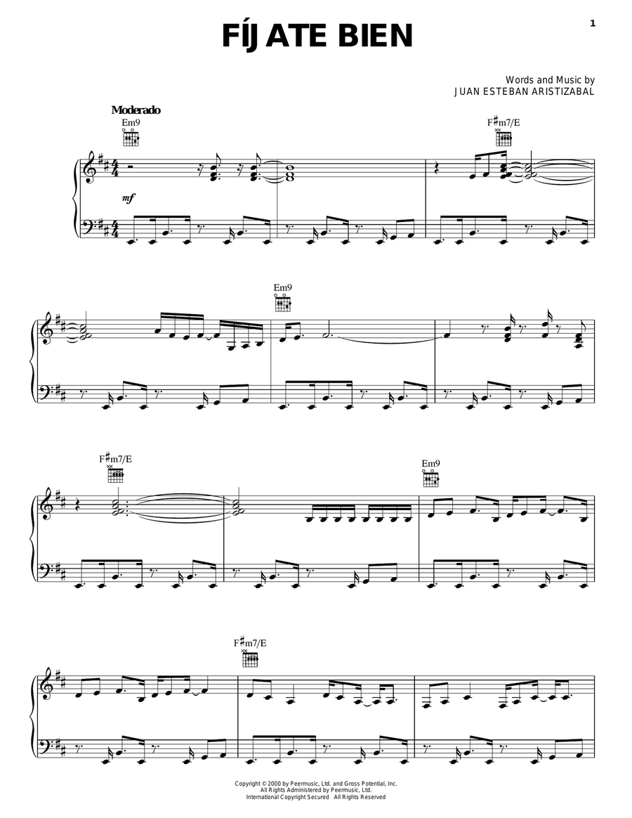 Fijate Bien Piano, Vocal, Guitar scores gallery preview page 1