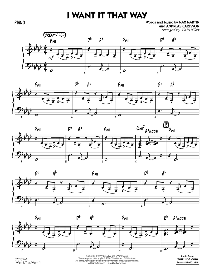 I Want It That Way (arr. John Berry) - Piano Jazz Ensemble scores gallery preview page 1