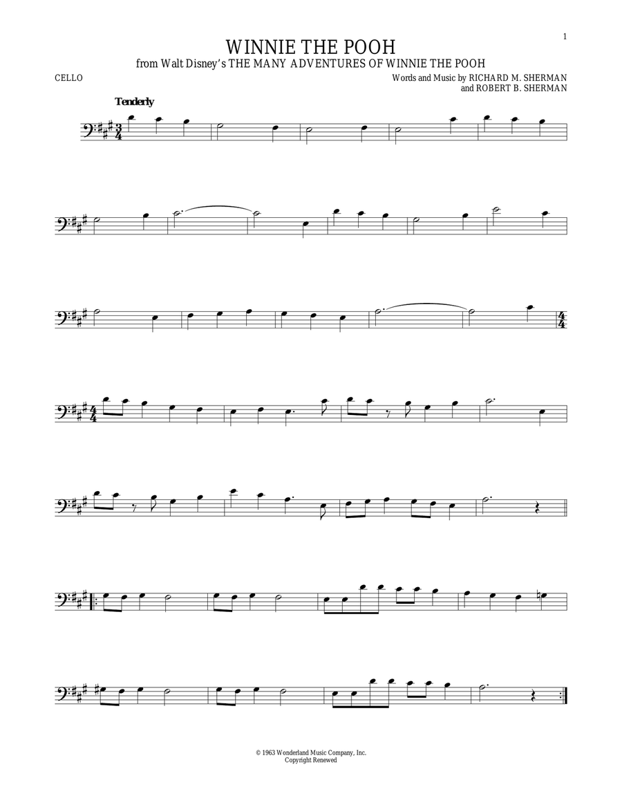 Winnie The Pooh (from The Many Adventures Of Winnie The Pooh) Cello Solo scores gallery preview page 1